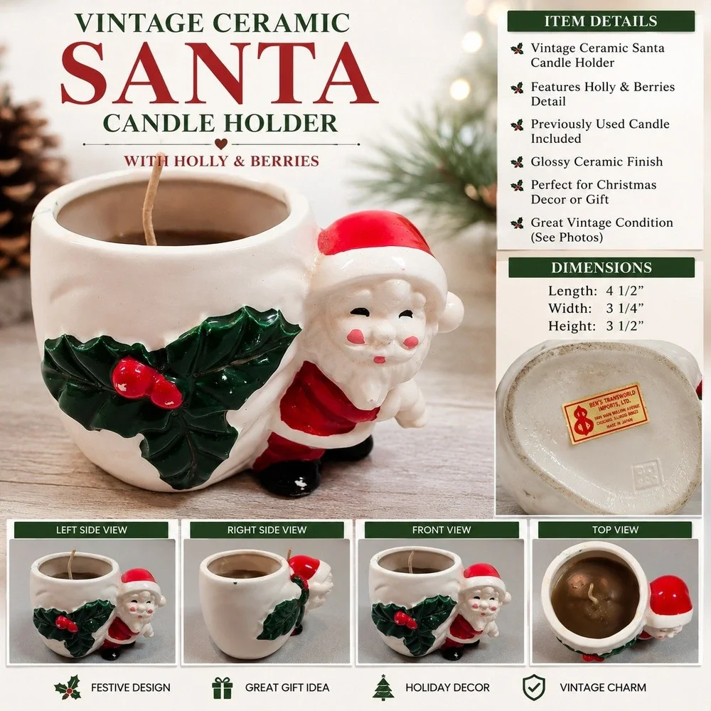 Vintage Ceramic Santa Candle Holder Holly Berries Ben's Transworld Imports Japan